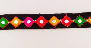 Wholesale Black Cotton Fabric Mirrored Trim With Embroidery In Yellow, Fuchsia Pink, Red & Green Threads